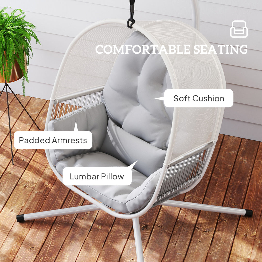 Hanging Egg Chair Outdoor Indoor, Swing Hammock Chair with Stand, Cushions, Lumbar Pillow, Adjustable Height and Steel Frame for Garden Patio Lounge Porch, Light Grey