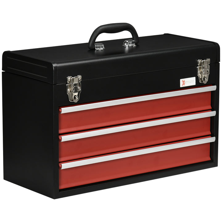 DURHAND Metal Tool Chest with 3 Drawers, Lockable, Ball Bearing Runners, Portable Toolbox, 510mm x 220mm x 320mm, Durable | Aosom UK