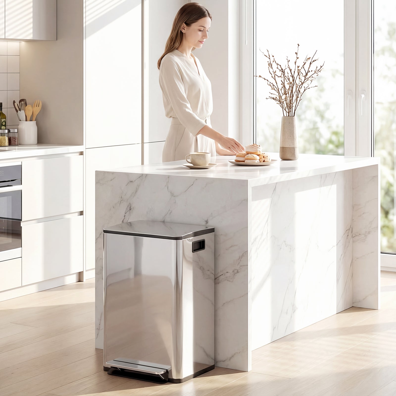 40L Dual Compartment Stainless Steel Bin, with Deodoriser Holders - Si