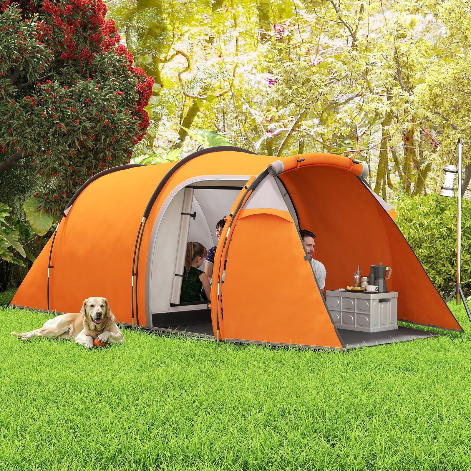 2-3 Man Tunnel Tents w/ Vestibule Camping Tent Porch Air Vents Weather-Resistant Shelter, Orange
