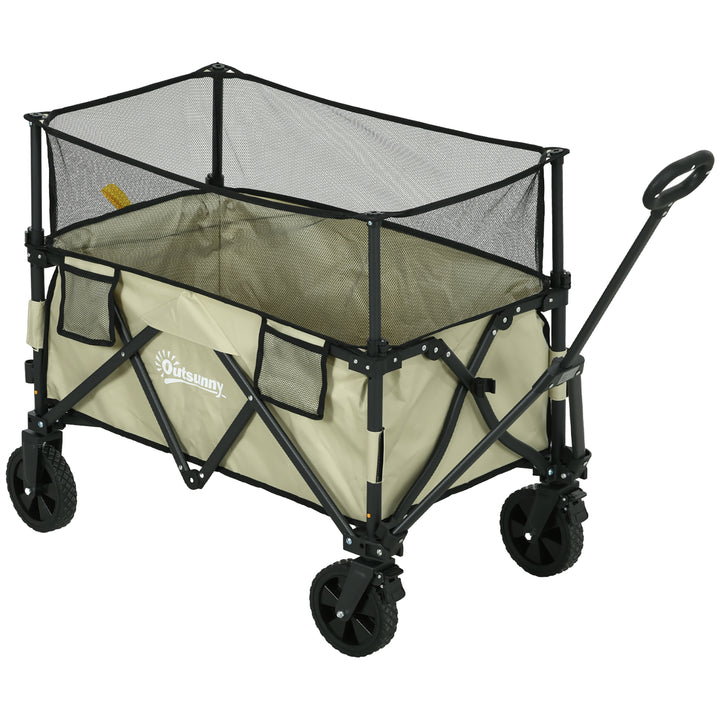 Outsunny Folding Trolley Wagon Cart, 180L with Extendable Side Walls for Beach, Camping, Festivals, Khaki | Aosom UK