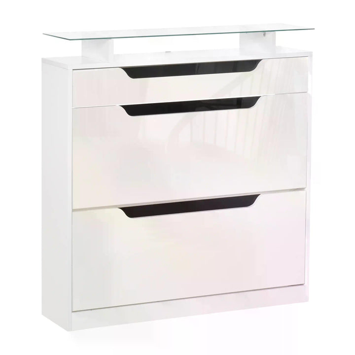 HOMCOM Shoe Cabinet High Gloss, 3 Drawer Storage, Tipping Bucket Design, Glass Top, 14 Pairs Capacity, White