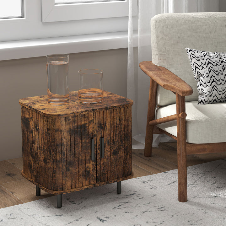 Bedside Table, Nordic Side Table with Roller Shutter Style Sliding Doors and Metal Legs for Bedroom, Living Room, Rustic Brown
