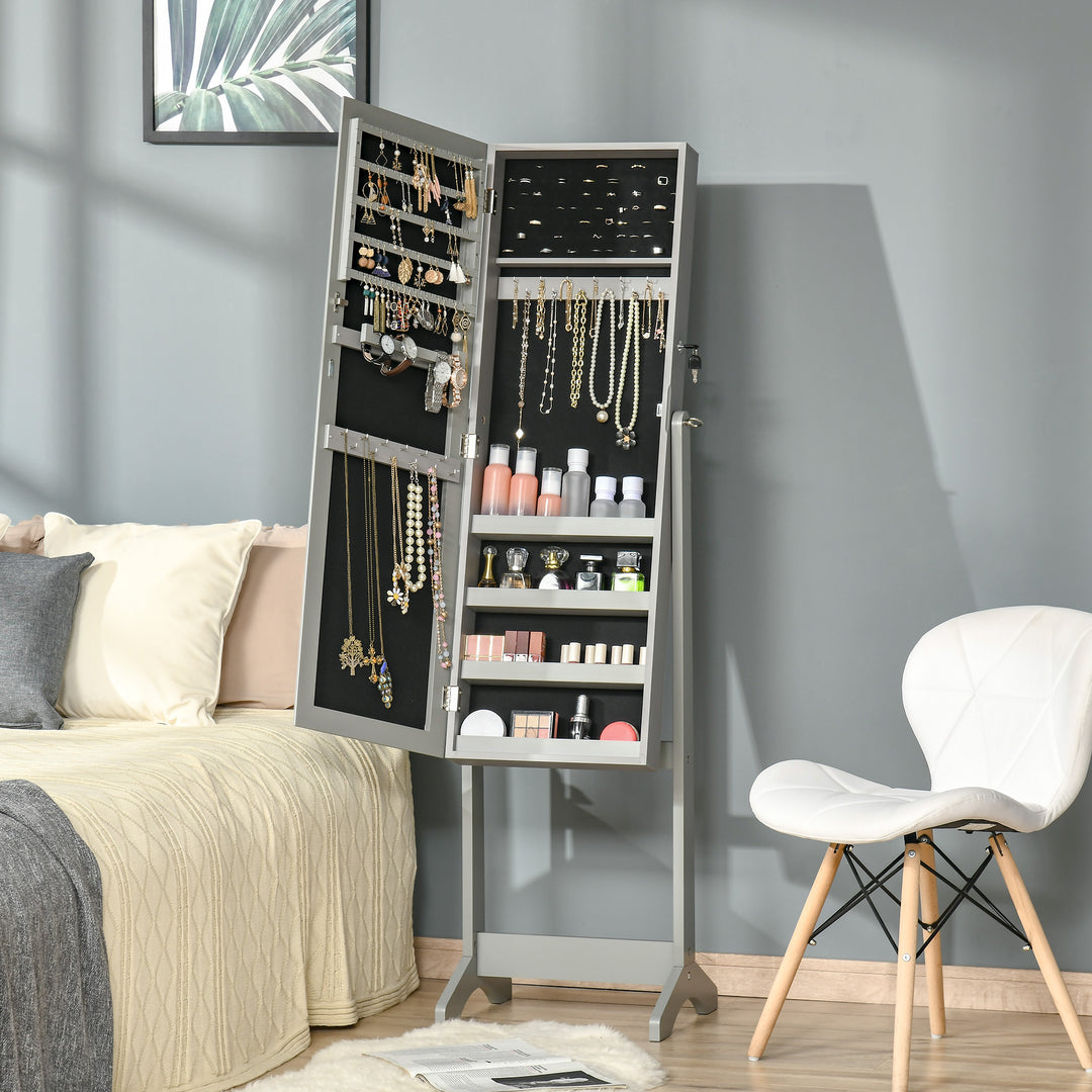 Full Length Mirror with Storage, Jewellery Cabinet with Mirror, Adjustable Angle and Stand, Lockable Jewellery Organiser for Bedroom Dressing Room, Grey