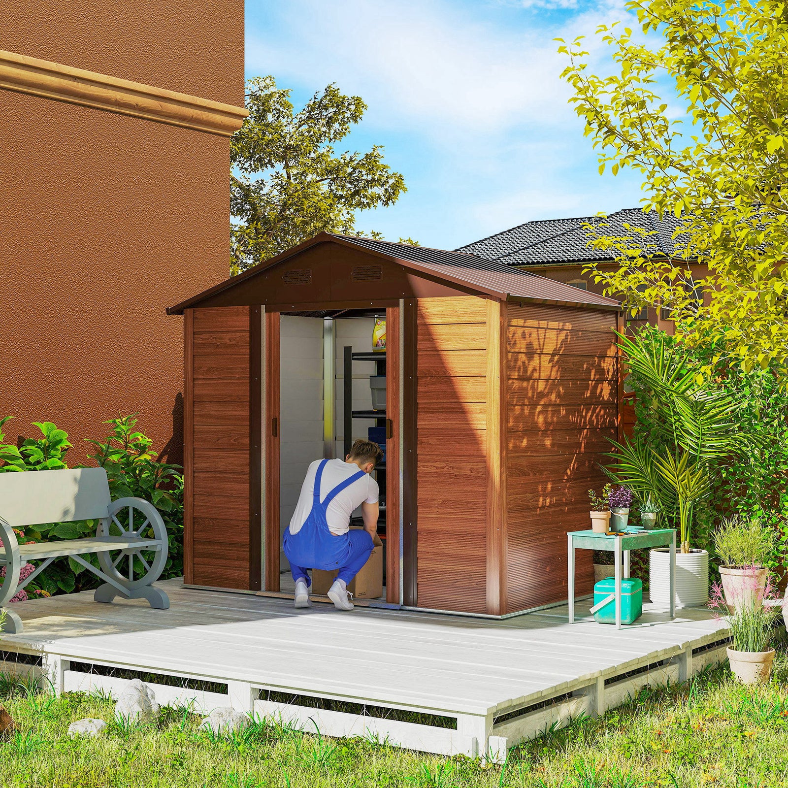 6 x 8ft Galvanised Steel Shed - Brown Wood-Effect