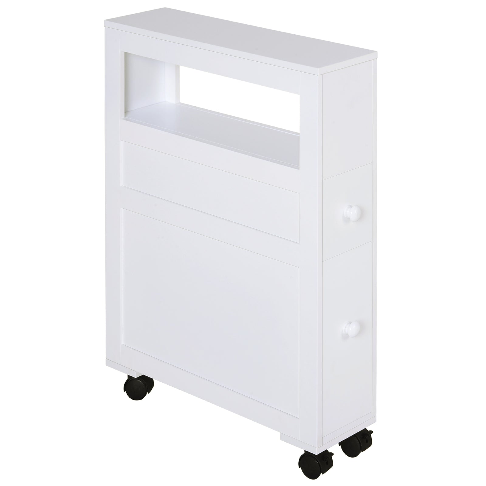 72x16cm Narrow Bathroom Storage Unit w/ 2 Drawers Open Top 4 Wheels Slimline Modern Rolling Home Organisation