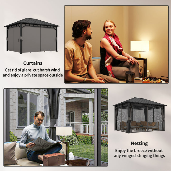 3 x 4m Hardtop Gazebo with Galvanised Steel Roof and Water Gutter, Waterproof Permanent Pavilion Garden Gazebo with Netting and Curtains for Patio, Deck