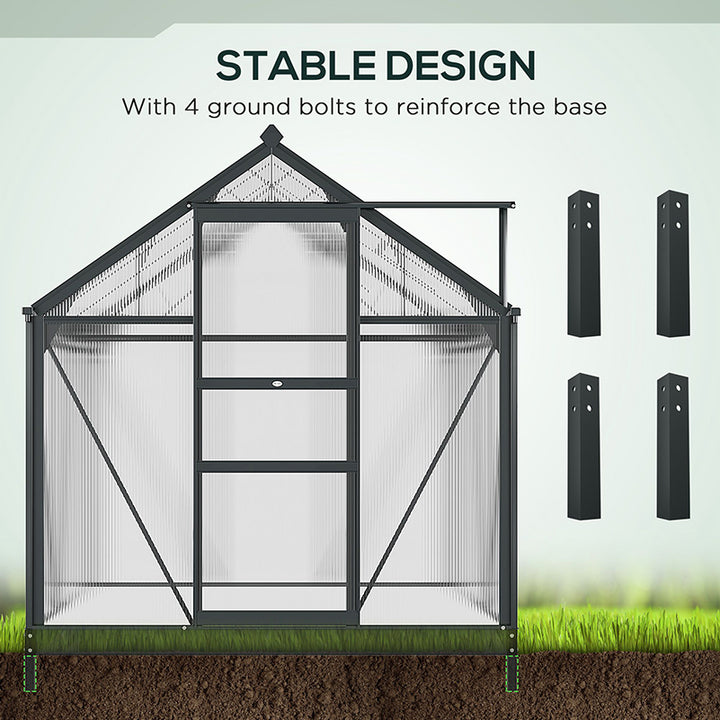 6 x 6ft Polycarbonate Greenhouse, Large Walk-In Green House with Slide Door and Window, Garden Plants Grow House with Aluminium Frame and Foundation, Grey