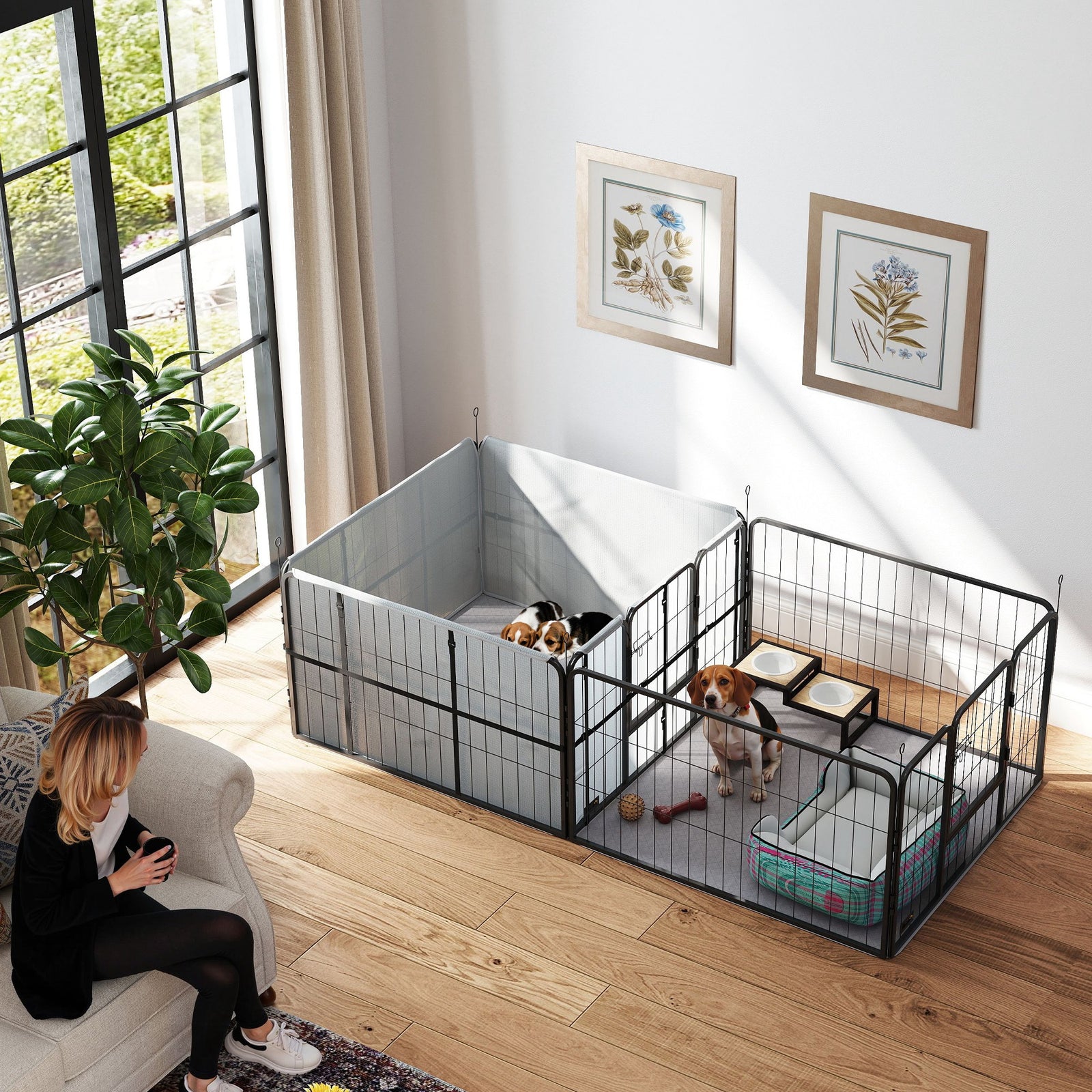 Seven-Panel Dog Whelping Box, Dog Playpen with Washable Whelping Pads, Wind-Resistant Fabric, for Small and Medium Dogs