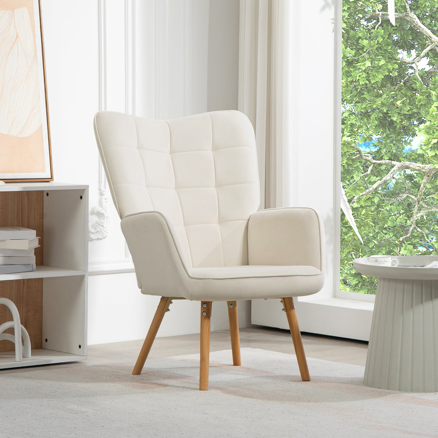 Modern Accent Chair, Upholstered Tufted Wingback Armchair with Seat Padding, Velvet Leisure Lounge Bedroom Chair with Wood Legs, Cream White
