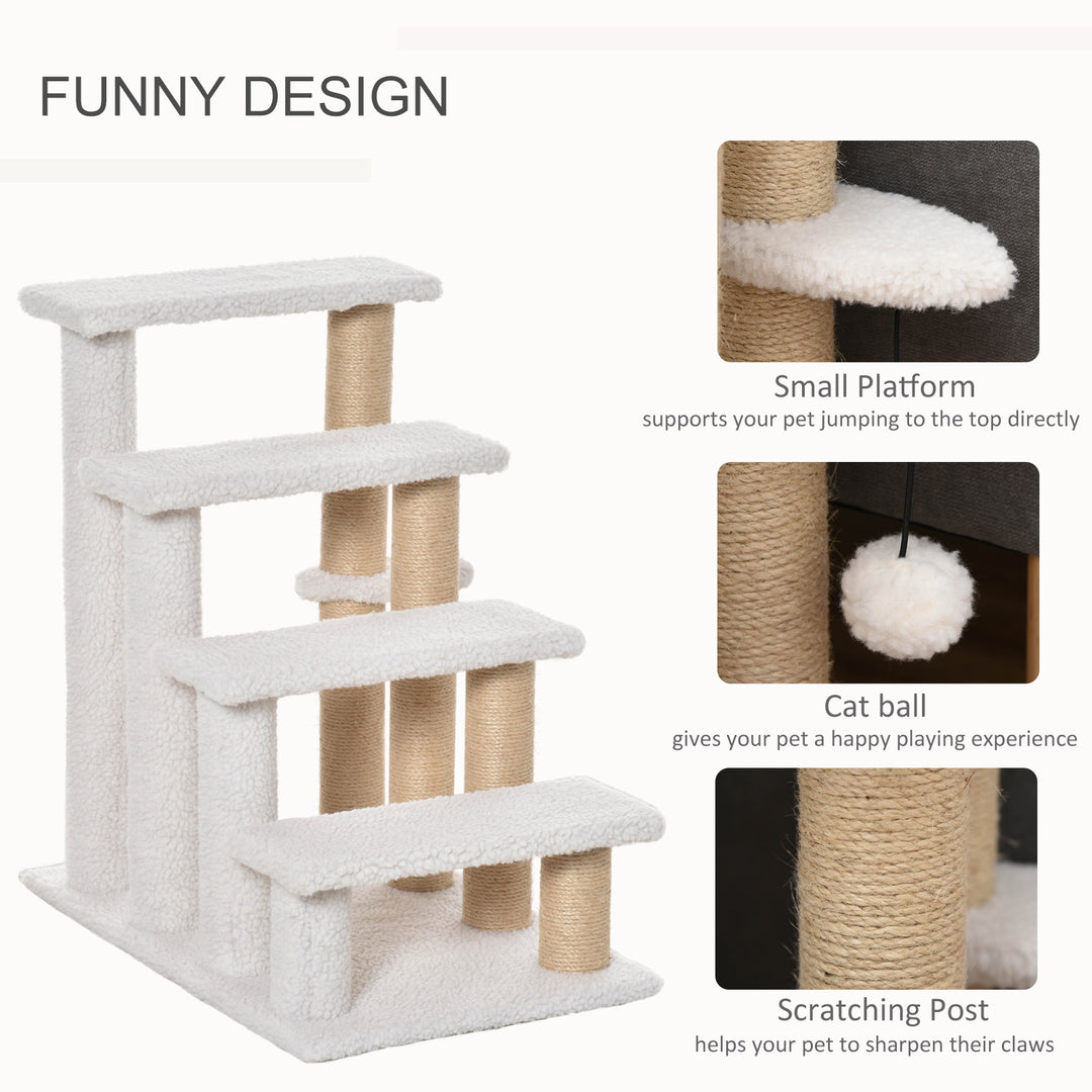 PawHut Pet Stair with 4-step Climb Ladder, Scratching Posts, Platforms, Toy Ball, for Indoor Elderly Cats Kittens, White