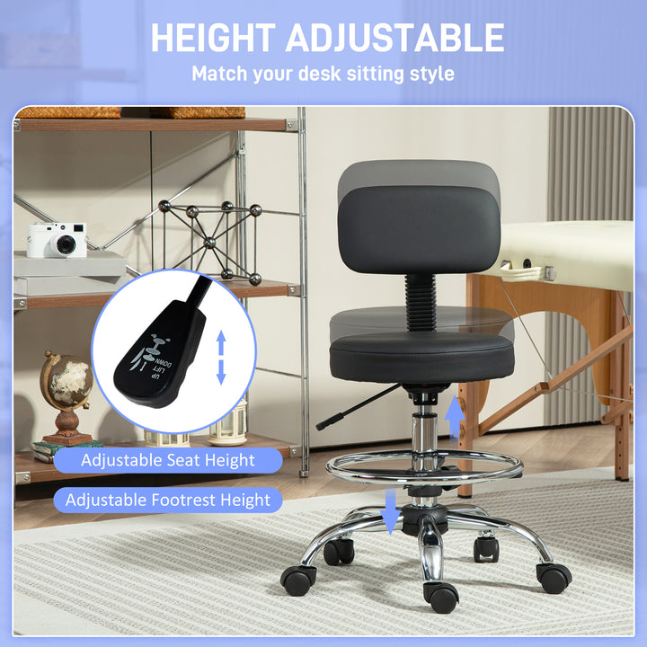 Drafting Chair, Office Chair with Backrest and Adjustable Footrest, Height Adjustable Stool, Leather Padded Rolling Task Chair for Home Office, Black