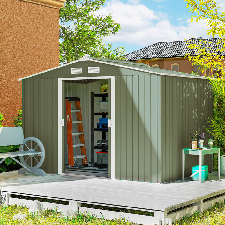 MCL 9 x 6ft Metal Garden Shed, Outdoor Storage Tool House with Ventilation Slots, Foundation Kit and Lockable Double Doors, Light Green