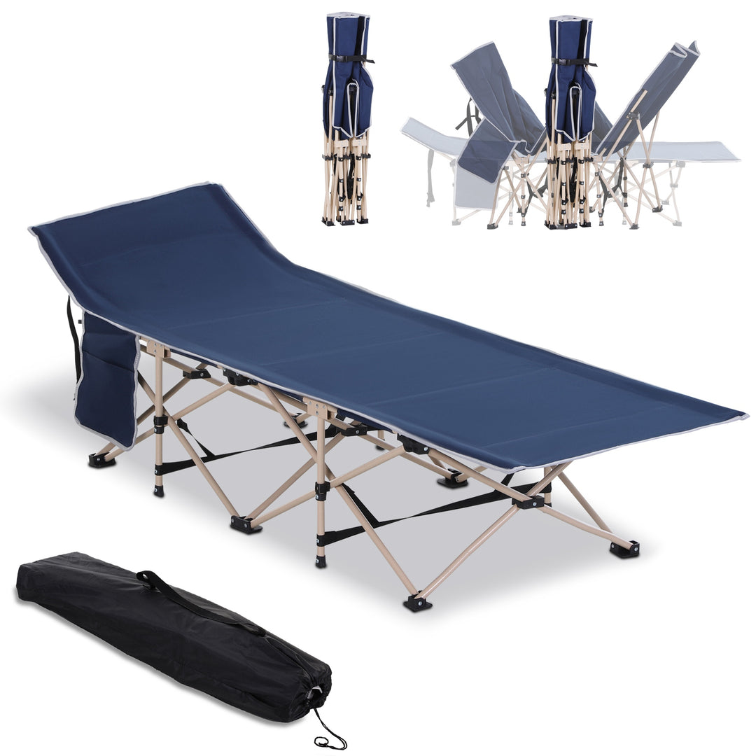 MCL Single Person Camping Bed Folding Cot Outdoor Patio Portable Military Sleeping Bed Travel Guest Leisure Fishing with Side Pocket and Carry Bag - Blue