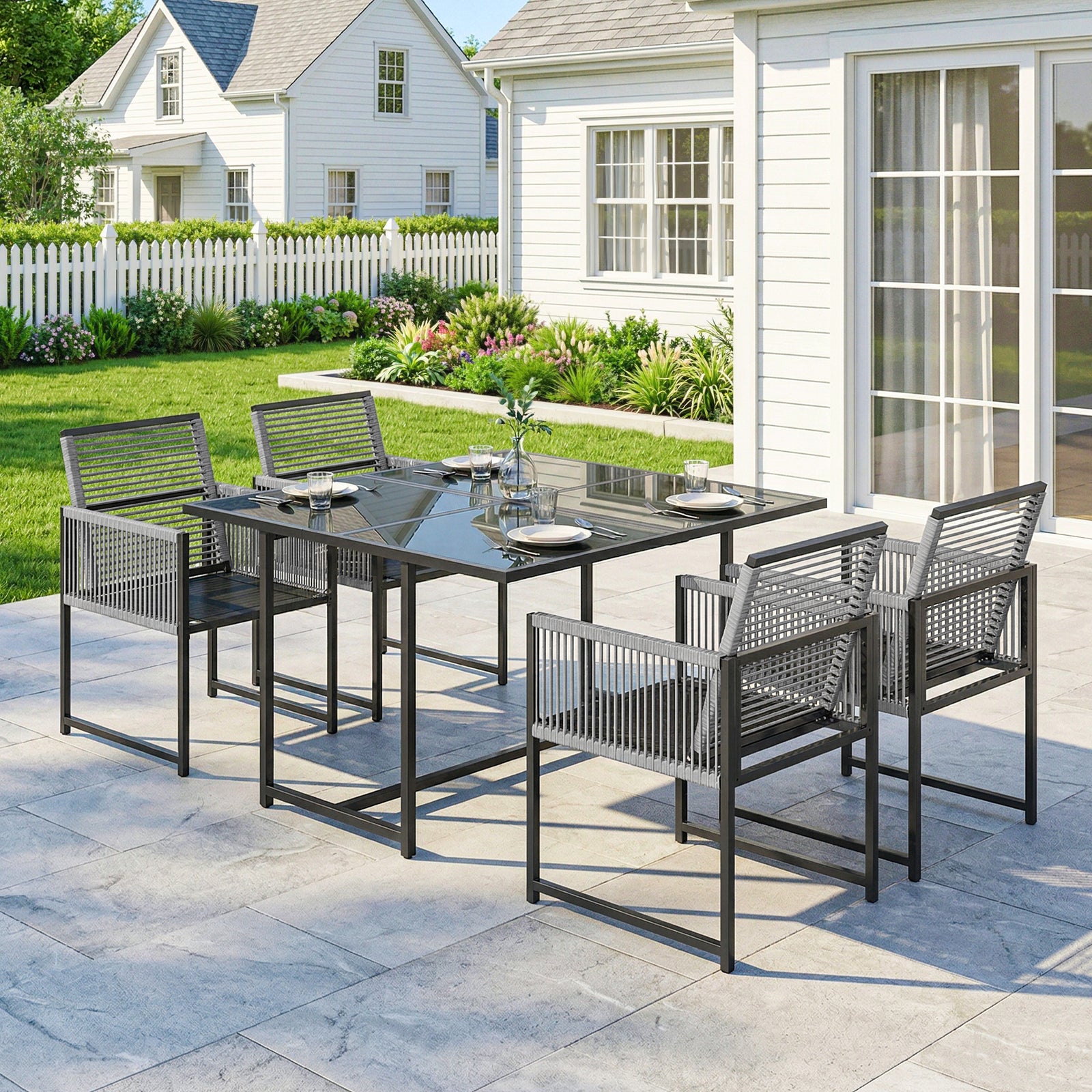 5 Pieces Garden Dining Set, Outdoor Patio Cube Set, 4 Seater Outdoor T