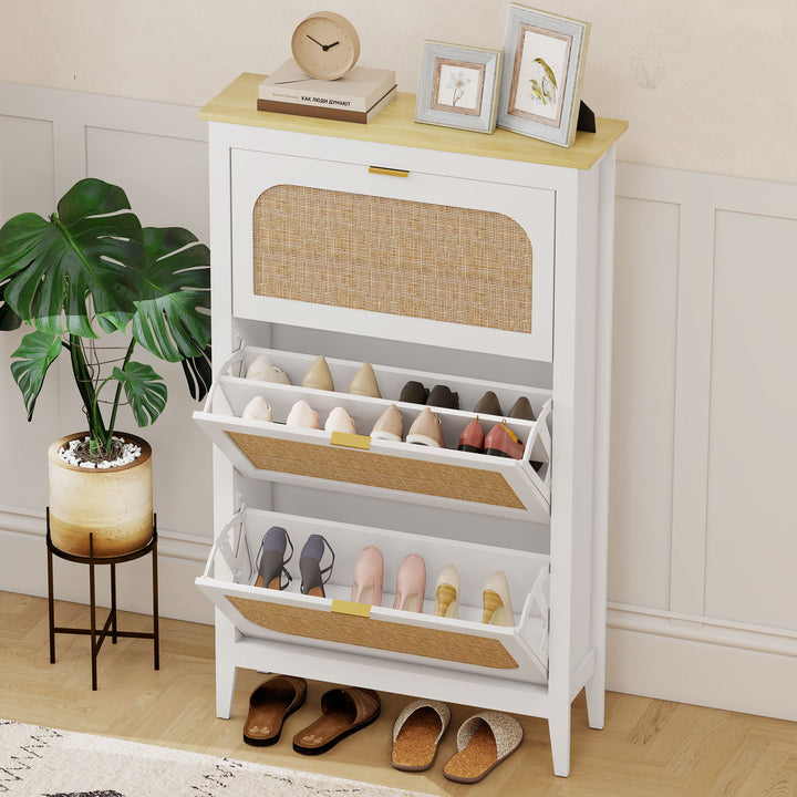 Narrow Shoe Cabinet, Boho Slim Shoe Storage Cabinet with 3 Flip Drawer