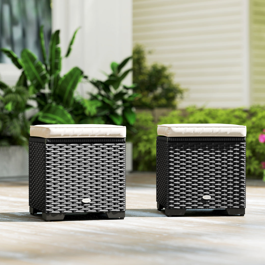 Set of 2 Rattan Storage Ottoman, Outdoor Footstool with Removable Cushions, Garden Storage Seat for Balcony, Porch, Living Room, Cream