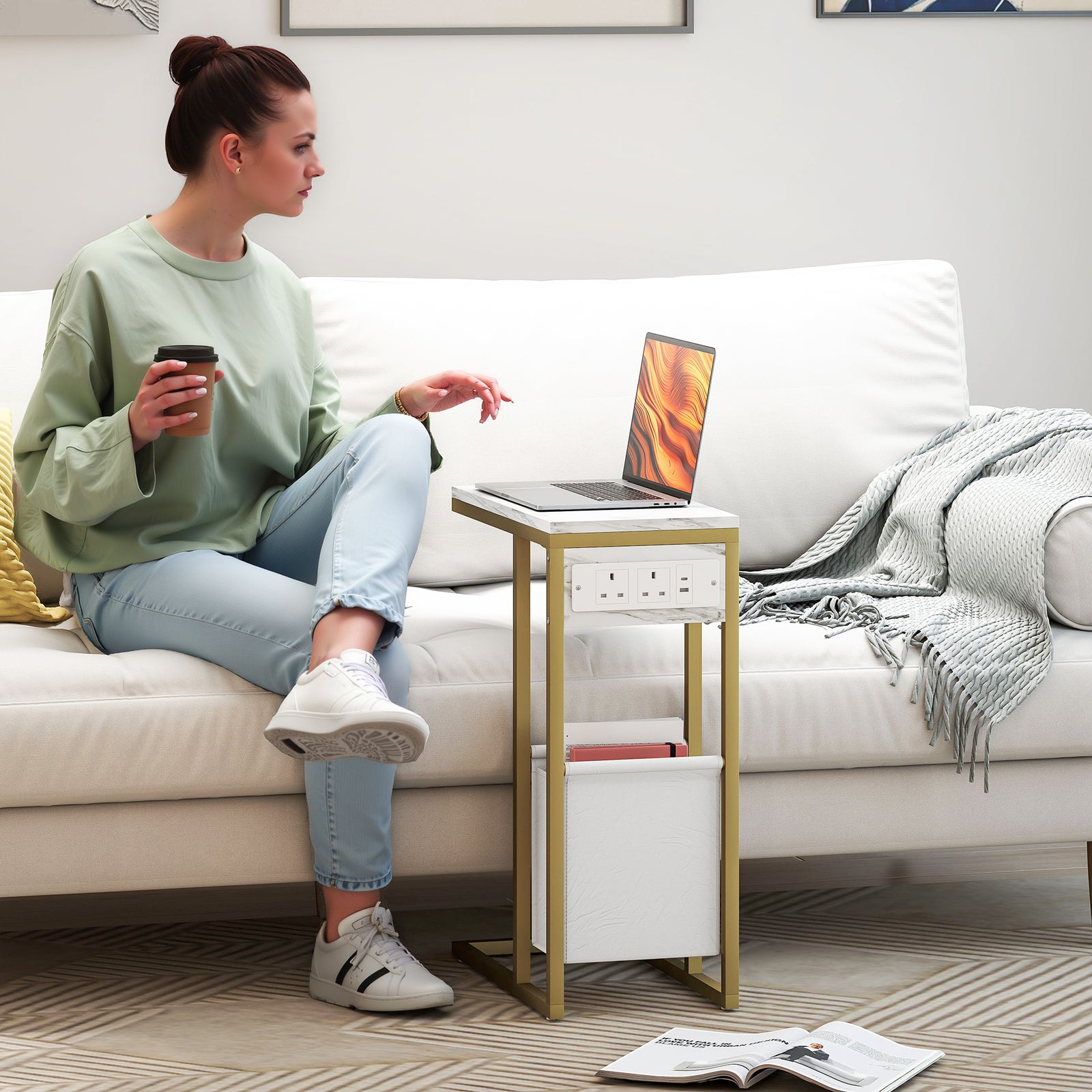 C Shaped Side Table with Charging Station and Faux Marble Top - White