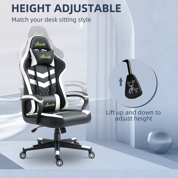 Gaming Chair, Computer Desk Chair with Lumbar Support, Faux Leather Racing Chair with Headrest and Swivel Wheels for Home Office, Black White