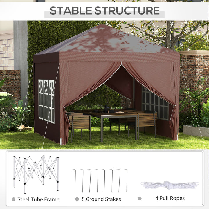 Outsunny 3 x 3m Pop Up Gazebo, Wedding Party Canopy Tent Marquee with Carry Bag and Windows, Coffee