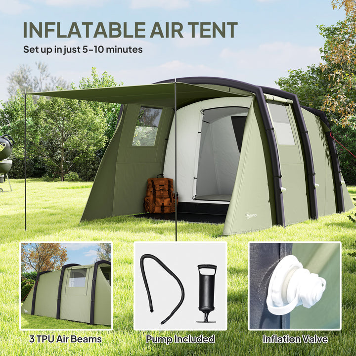 Inflatable 3-4 Man Tunnel Tent w/ Air Pump, Living Area & Vestibule, Waterproof Family Camping Air Tent w/ Sewn In Groundsheet & Removable Footprint for Camping, Hiking, Olive Green
