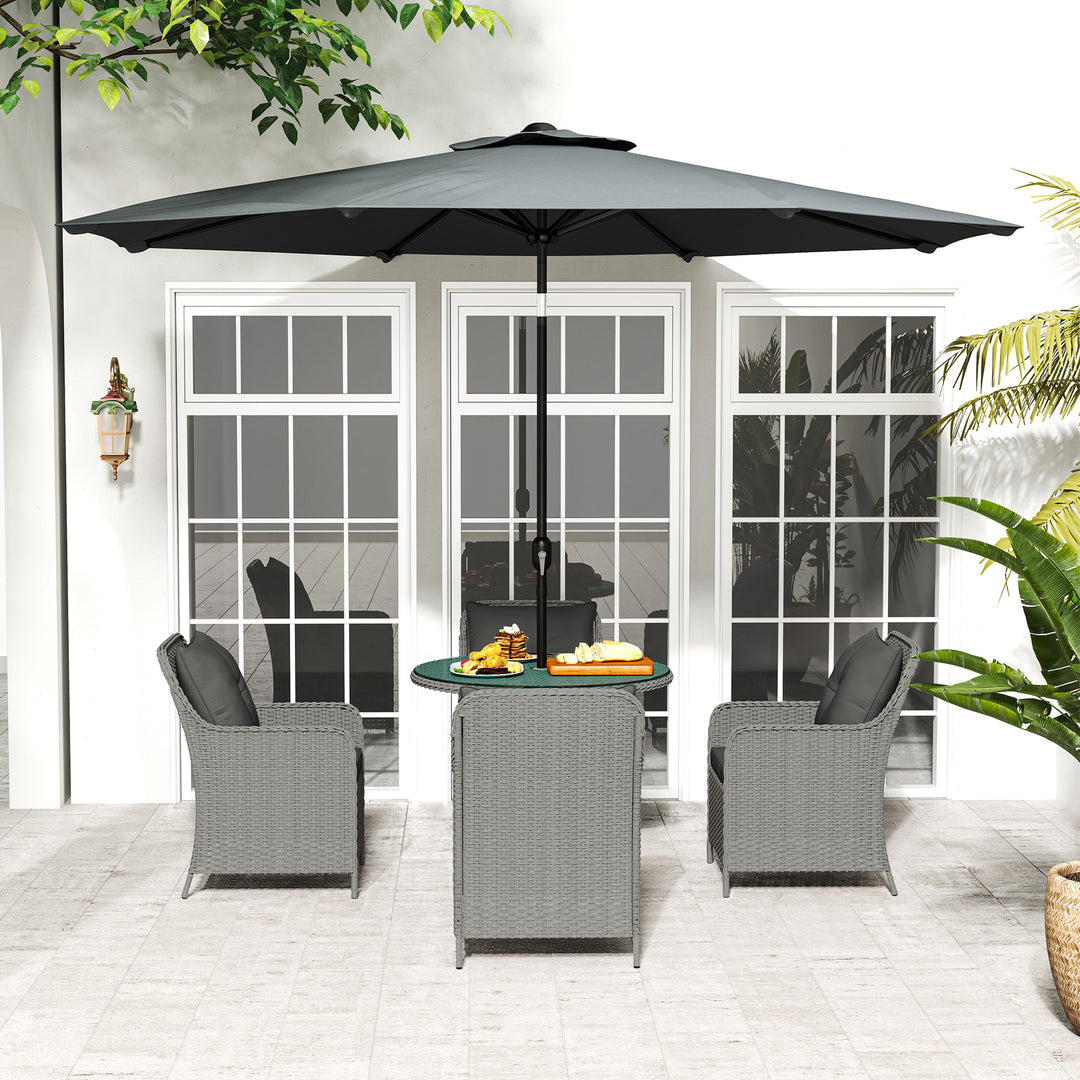 4 Seater Rattan Dining Set with Parasol & Cushions - Light Grey