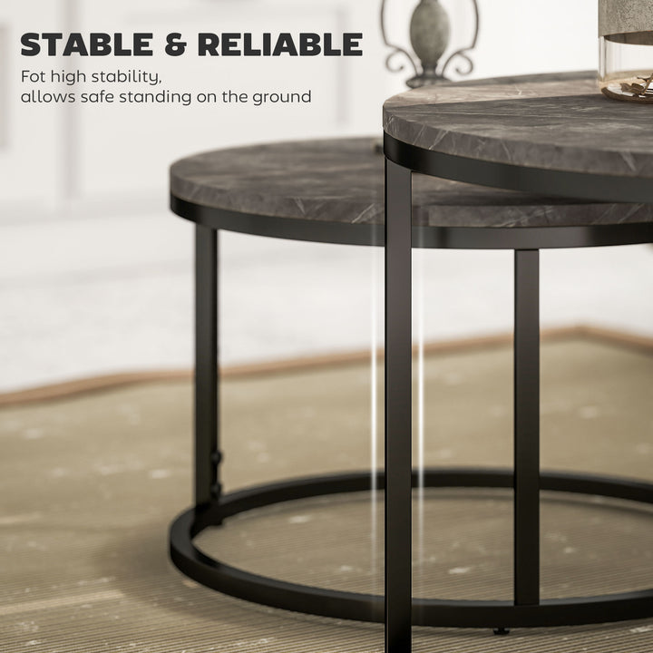 Industrial Nesting Coffee Table Set of 2, Round Coffee Tables, Living Room Table with Faux Marbled Top and Steel Frame