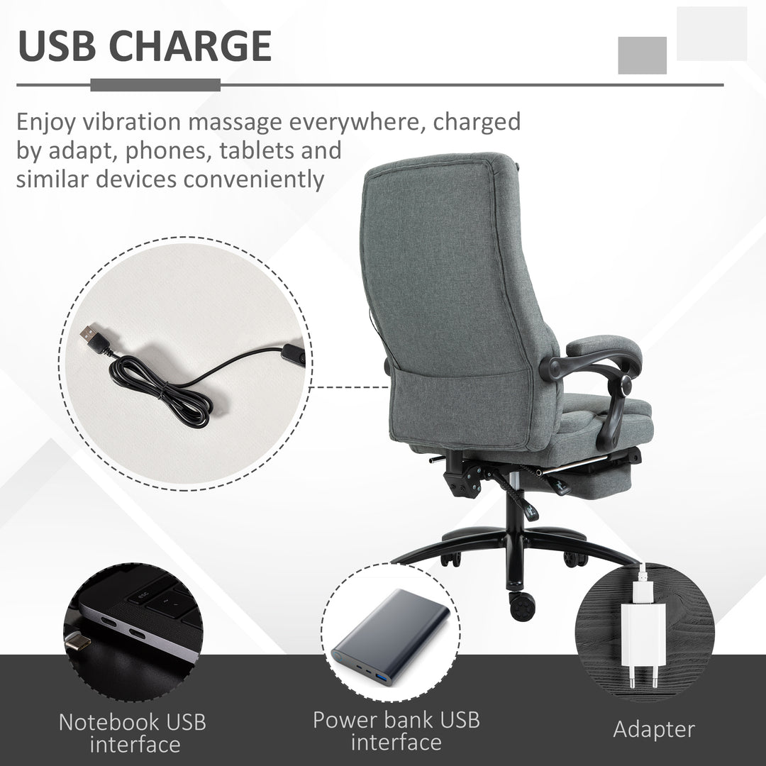 Office Chair, Fabric Desk Chair with Adjustable Massage Pillow, USB Power and Retractable Footrest, High Back, 360° Swivel, for Home, Grey