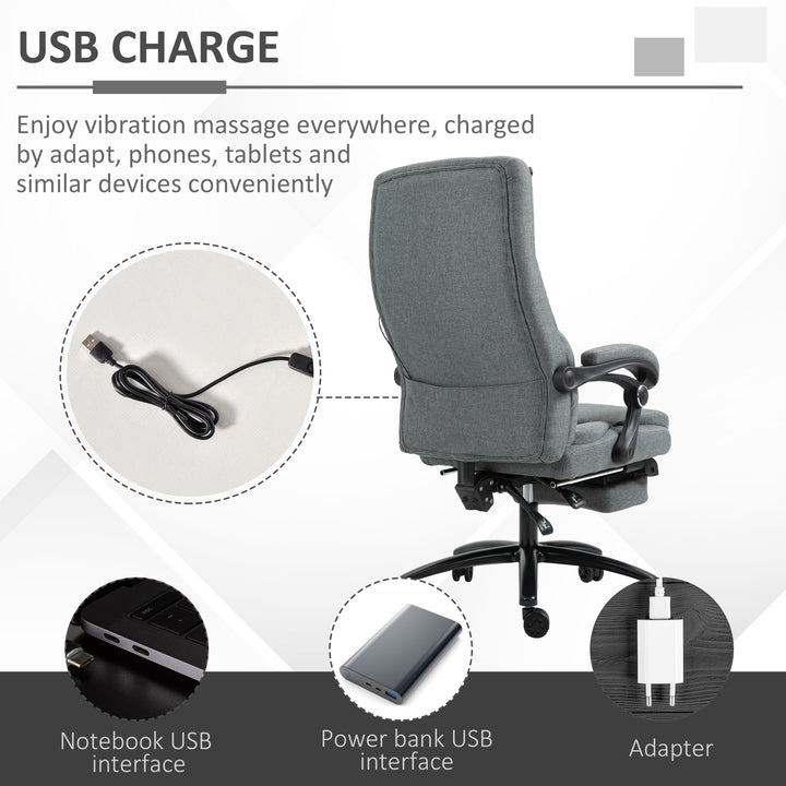 Office Chair, Fabric Desk Chair with Adjustable Massage Pillow, USB Power and Retractable Footrest, High Back, 360° Swivel, for Home, Grey