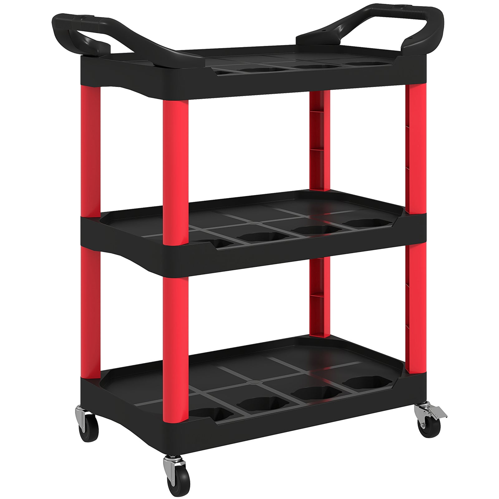 3-Tier Rolling Tool Cart, Tool Trolley on Wheels, Plastic Mobile Service Utility Cart with Handles for Garage, Mechanics and Warehouse, 91kg Capacity, Black and Red