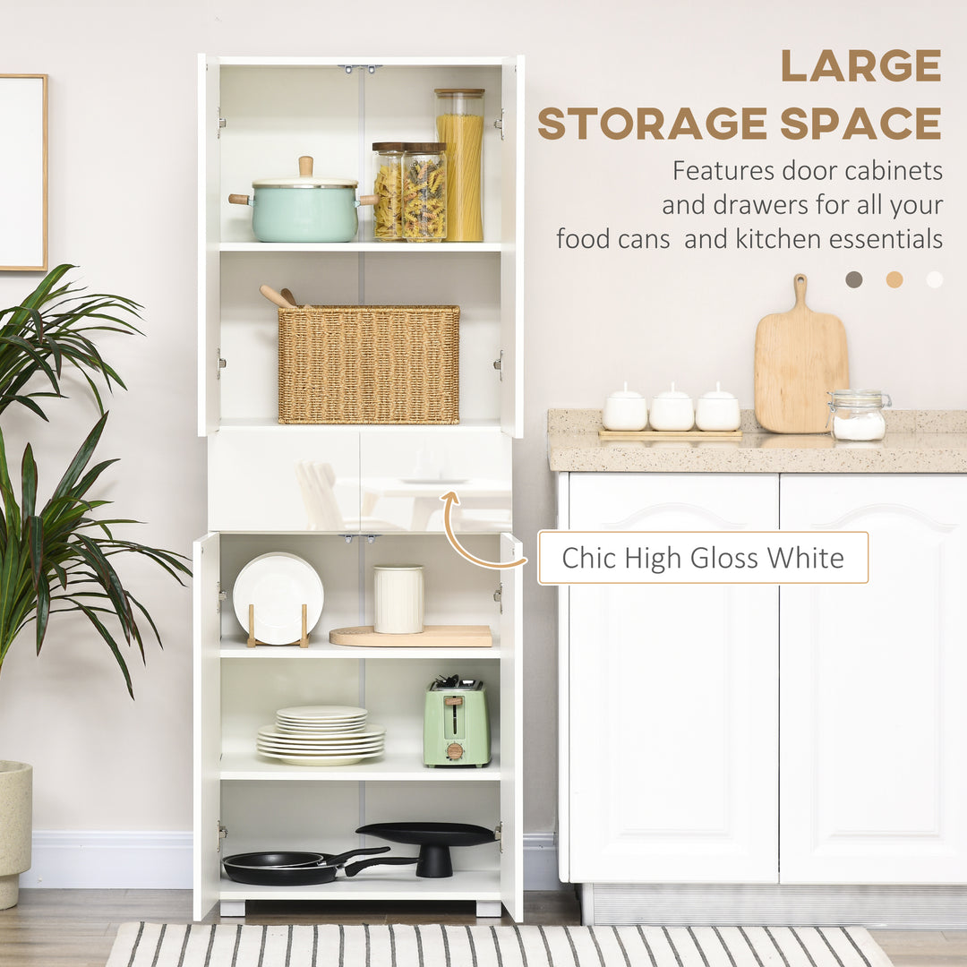 4-Door Kitchen Cupboard, Tall Freestanding 5-Tier Storage Cabinet with 3 Adjustable Shelves, 2 Drawers for Living Room, Dining Room, Push to Open Design, High Gloss White