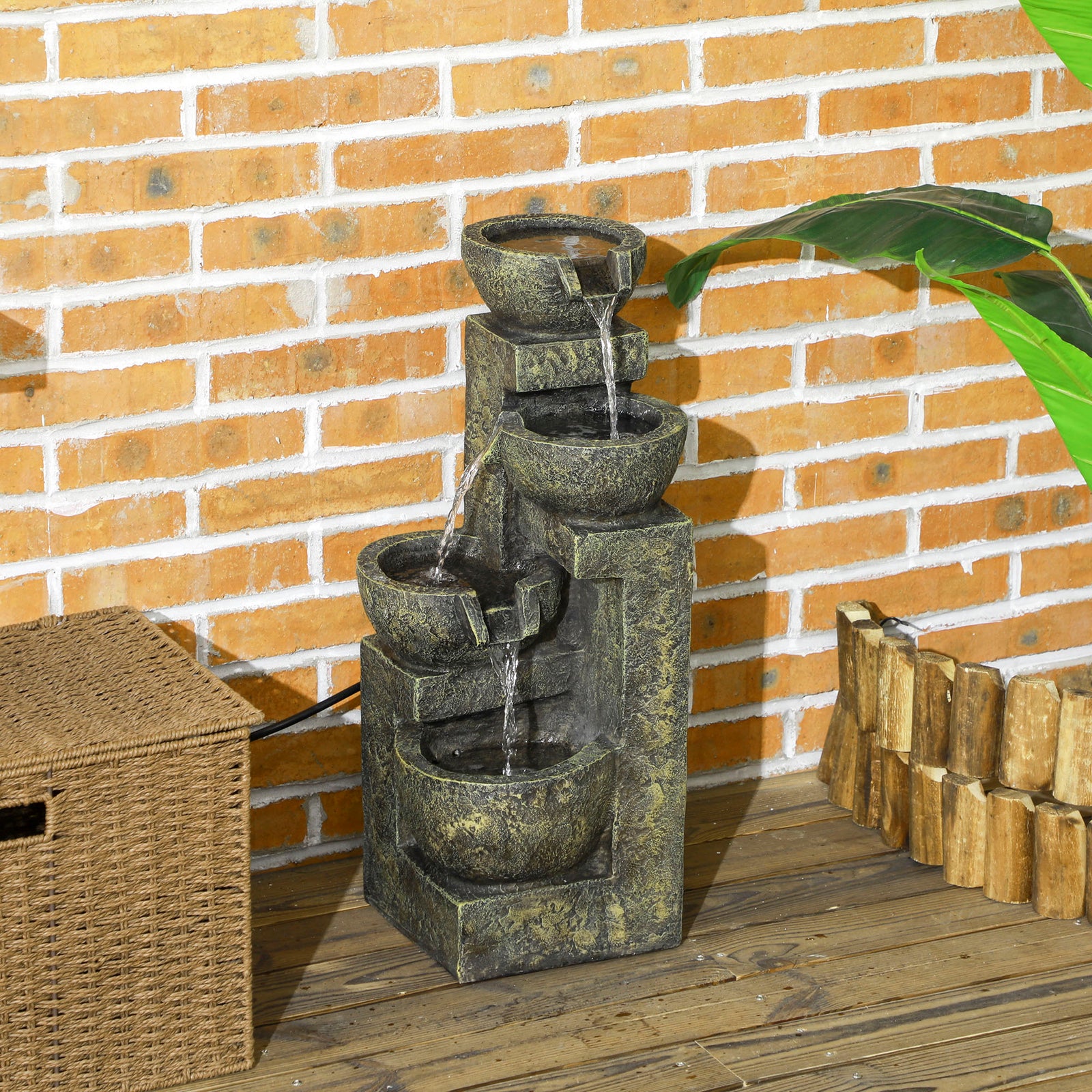 Garden Water Feature Waterfall Fountain with 4-Tier Stone Look Bowls, 