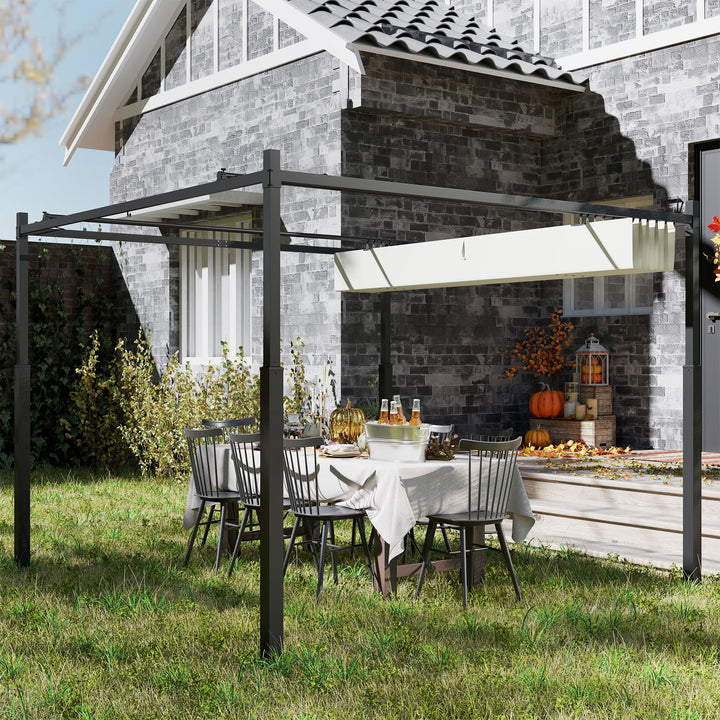 Outsunny 3 x 3(m) Metal Pergola with Retractable Roof and Magnetic Fixture, Outdoor Gazebo Garden Pergola Kit Sun Shade Canopy, UPF30+, 80mm Metal Column, Cream White