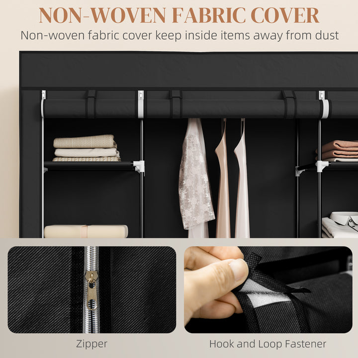 Portable Wardrobe, Foldable Fabric Wardrobe, 150 x 43 x 162.5cm, Clothes Storage Organiser with Hanging Rail, Shelves, Fabric Cover for Bedroom, Black