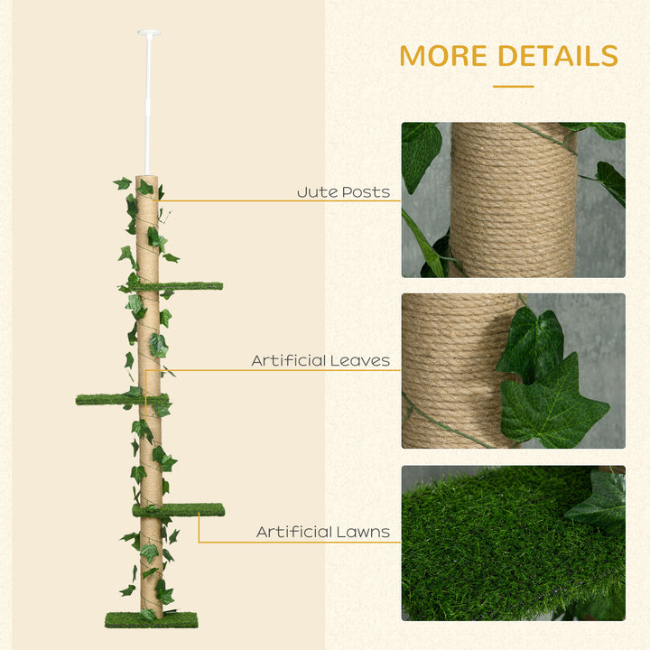 242cm Adjustable Floor-To-Ceiling Cat Tree, with Artificial Decoration, Perches, Anti-Slip Kit - Green