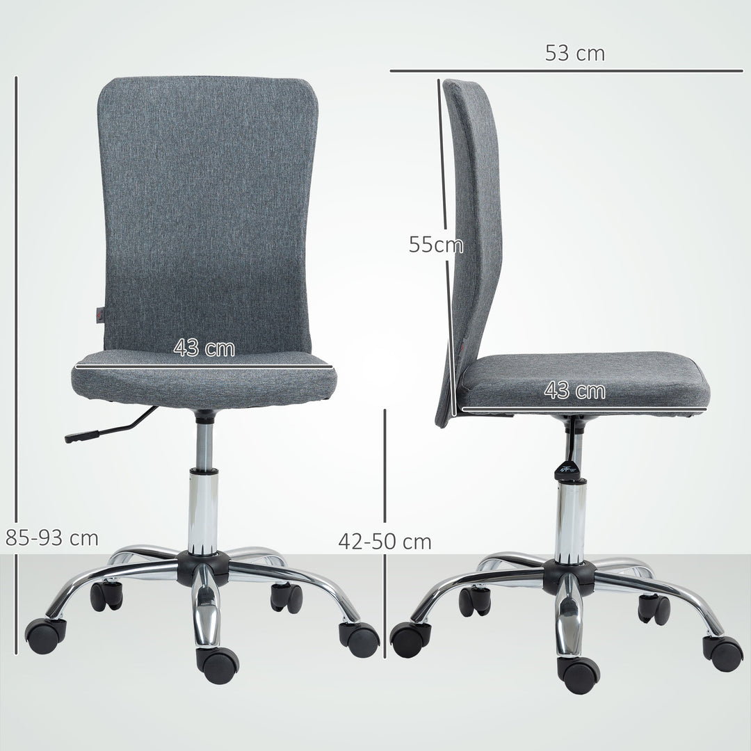 Armless Computer Desk Chair, Fabric Swivel Office Chair, Makeup Vanity Chair with Height Adjustable, Wheels, for Home Study Bedroom, Grey