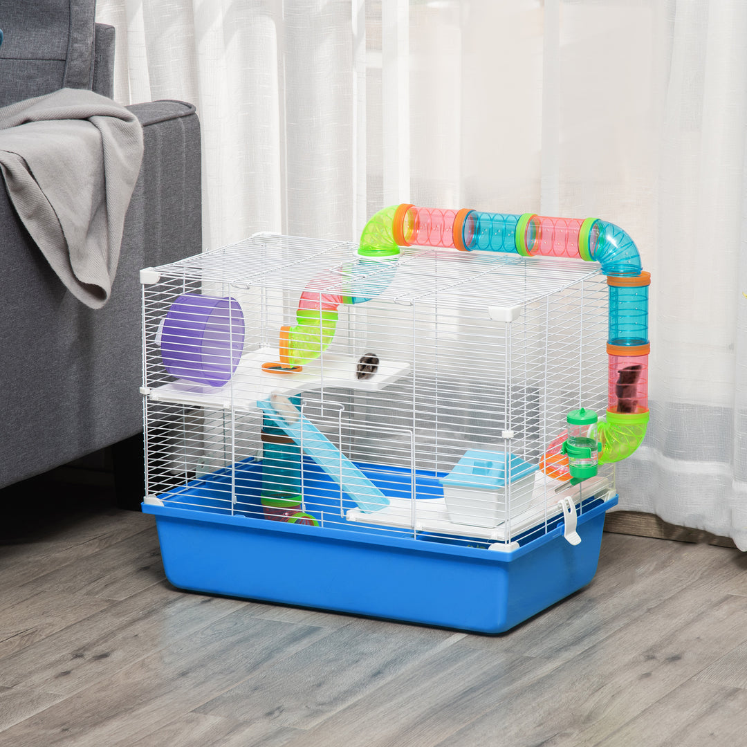 PawHut Large Hamster Cage, 3-Level Small Rodents House, w/ Tube Tunnel, Exercise Wheel, Food Dish, Ramps, Hut, 59 x 36 x 47 cm, Blue | Aosom UK