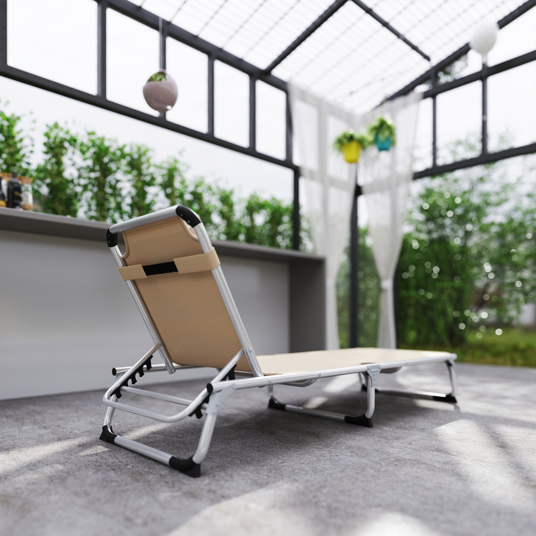 Foldable Outdoor Sun Lounger, Reclining Lounge Chair Camping Bed Cot with Pillow 4-Level Adjustable Back Aluminium Frame, Khaki