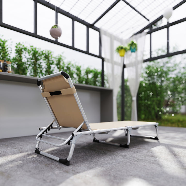 Foldable Outdoor Sun Lounger, Reclining Lounge Chair Camping Bed Cot with Pillow 4-Level Adjustable Back Aluminium Frame, Khaki
