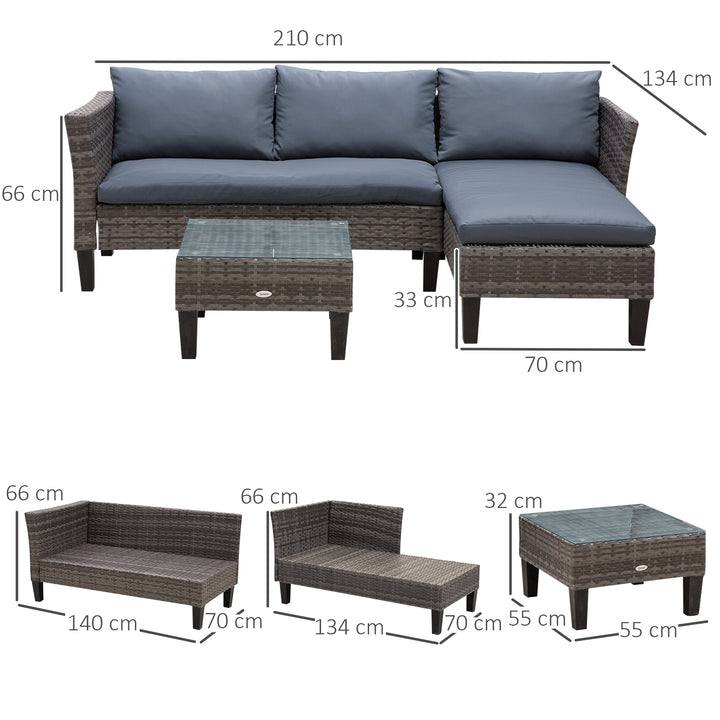 3 Pcs Garden Sofa PE Rattan Set w/ 2 Seats Square Glass Top Coffee Table Thick Cushions Solid Legs Metal Frame Patio Outdoor Balcony Patio L Corner Shape - Grey
