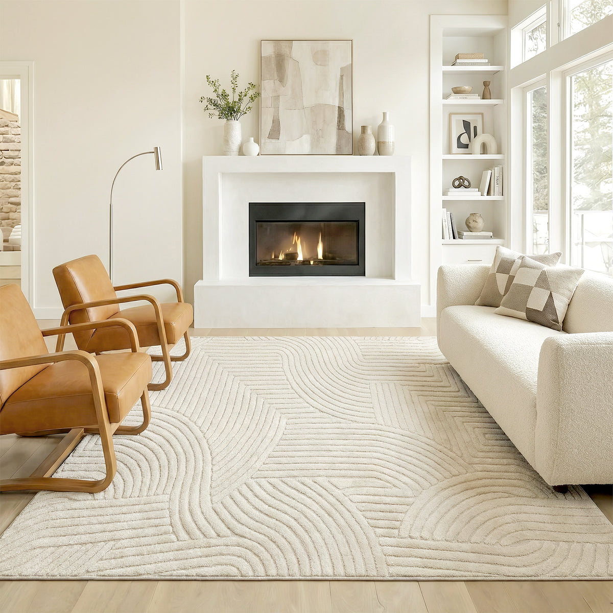 Modern Geometric Rug, Thick Plush, Non-Slip, 200 x 140 cm, Cream, Livi