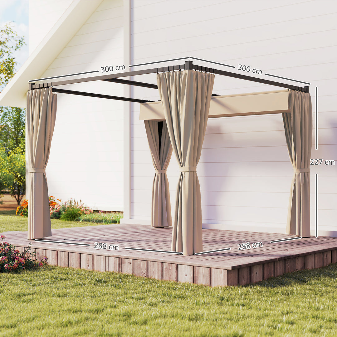 3 x 3m Retractable Roof Pergola, with Curtains - Khaki