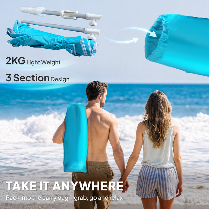 Beach Umbrella Portable with Sand Anchor, Carry Bag, Adjustable Height & Tilt, UPF50+ UV Protection, Blue
