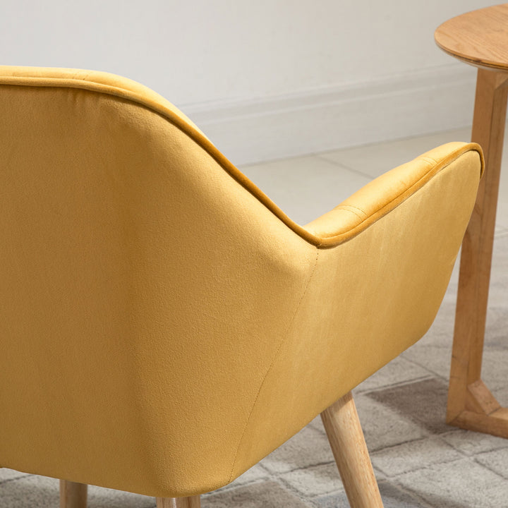 Armchair Accent Chair, Vanity Chair with Wide Arms, Slanted Back, Padding, Metal Frame, Wooden Legs, Home Bedroom Furniture Seating, Set of 2, Yellow