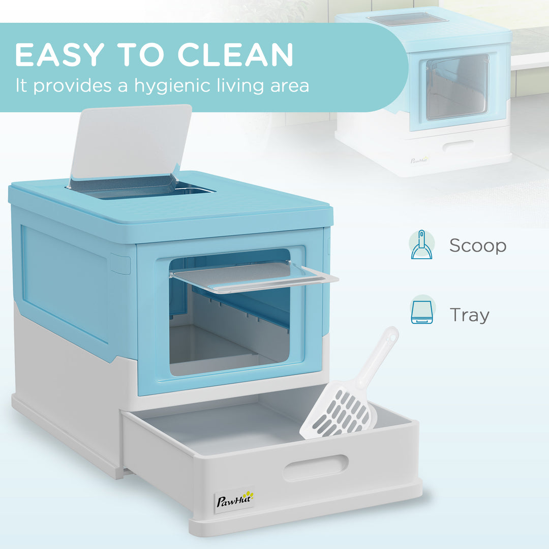 Hooded Cat Litter Box, Portable Pet Toilet, with Scoop, Front Entry - Light Blue