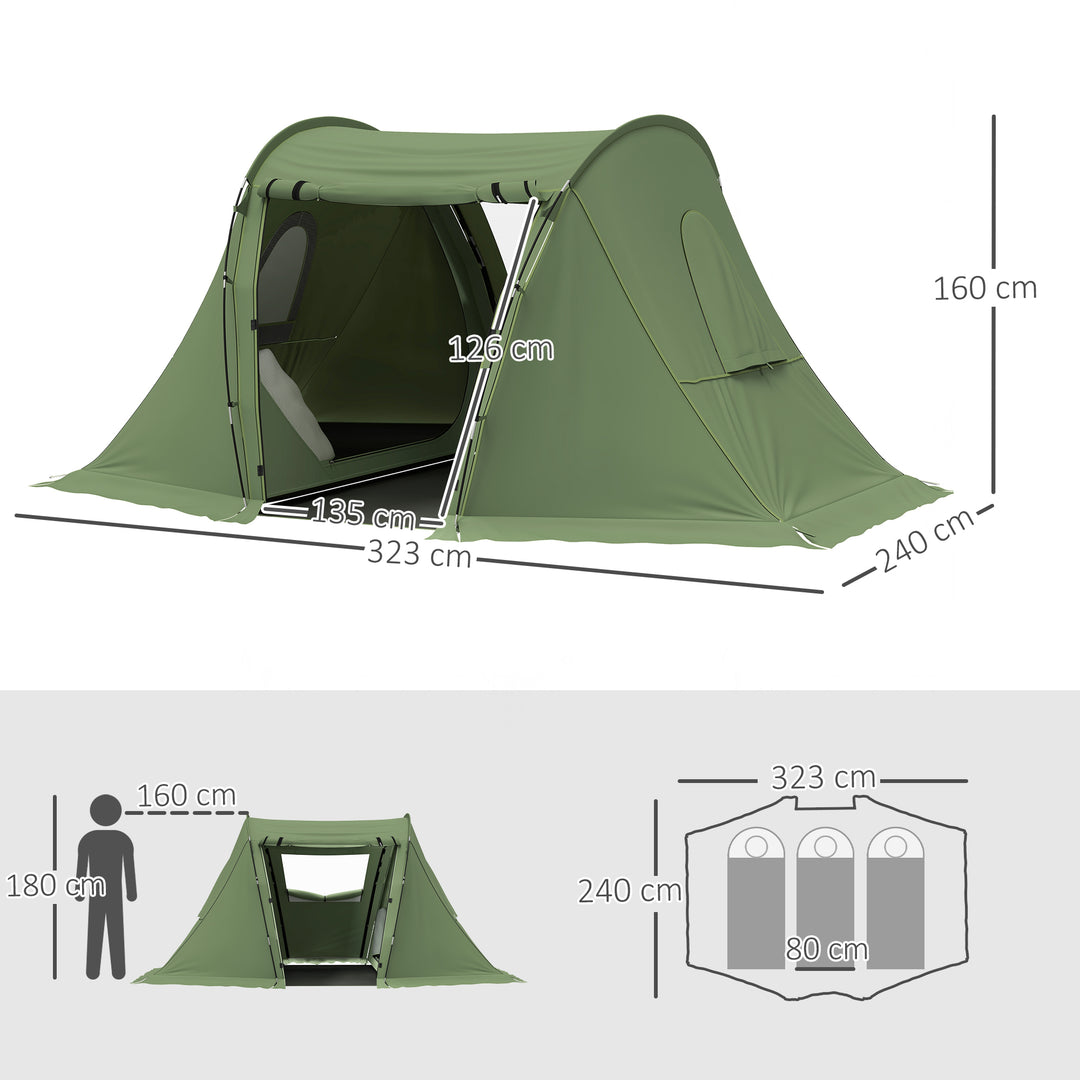 3 Man Camping Tent with Living Area and 2 Bedrooms, 3000mm Waterproof Family Tent with Sewn-in Groundsheet and bag, Portable Dome Shelter for Hiking, Festival, Backpacking, Green