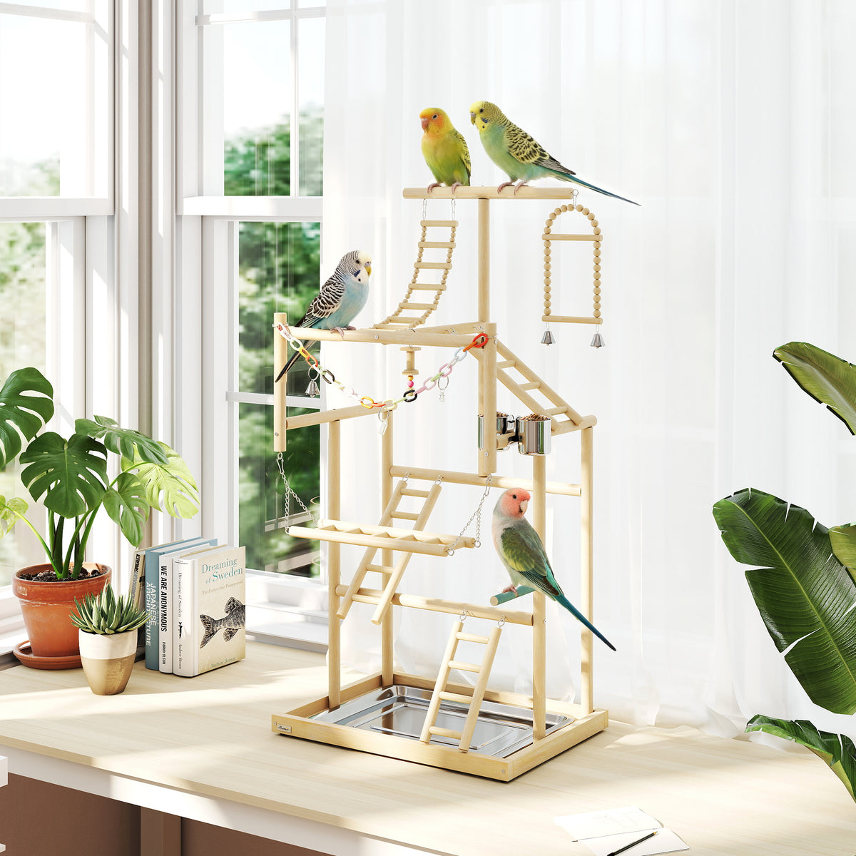 95 cm Wooden Bird Playground with Ladders, Chain Toy, Stainless Steel 