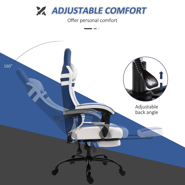Vinsetto PU Leather Gaming Chair w/ Headrest, Footrest, Wheels, Adjustable Height, Racing Gamer Recliner, Blue White