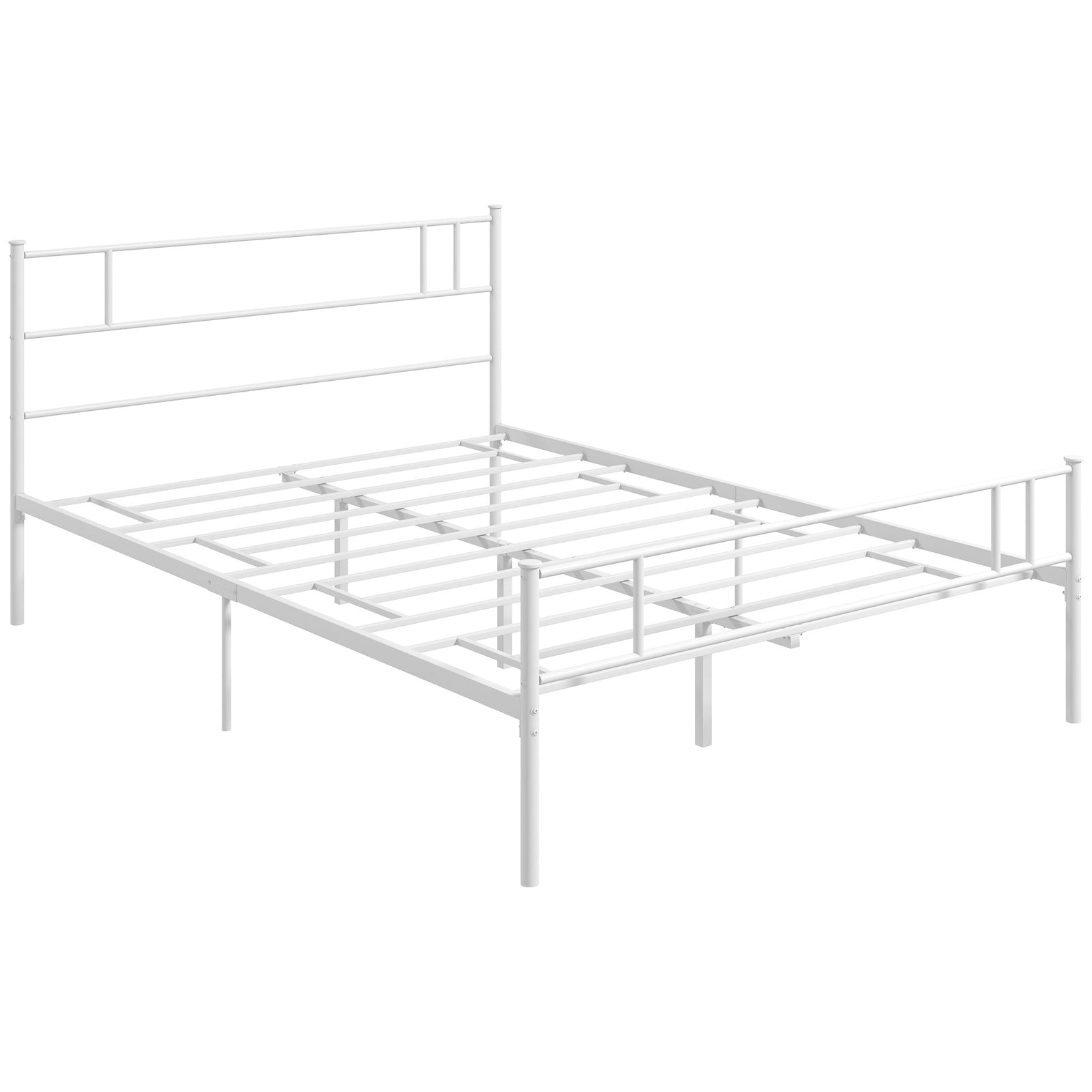 Double Metal Bed Frame Solid Bedstead Base with Headboard and Footboard, Metal Slat Support and Underbed Storage Space, Bedroom Furniture, White