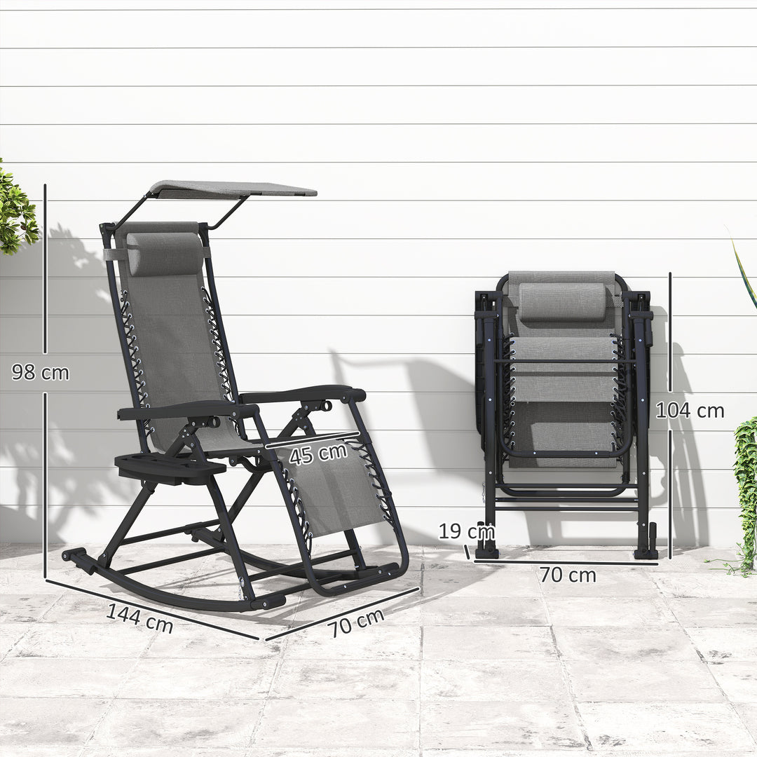 Garden Rocking Chair Folding Recliner Outdoor Adjustable Sun Lounger Rocker Zero-Gravity Seat with Headrest Side Holder Patio Deck - Grey